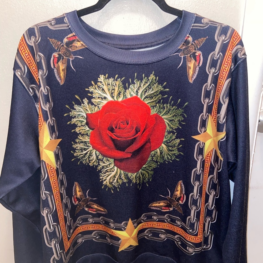Navy Sweatshirt with Red Rose and Star Design